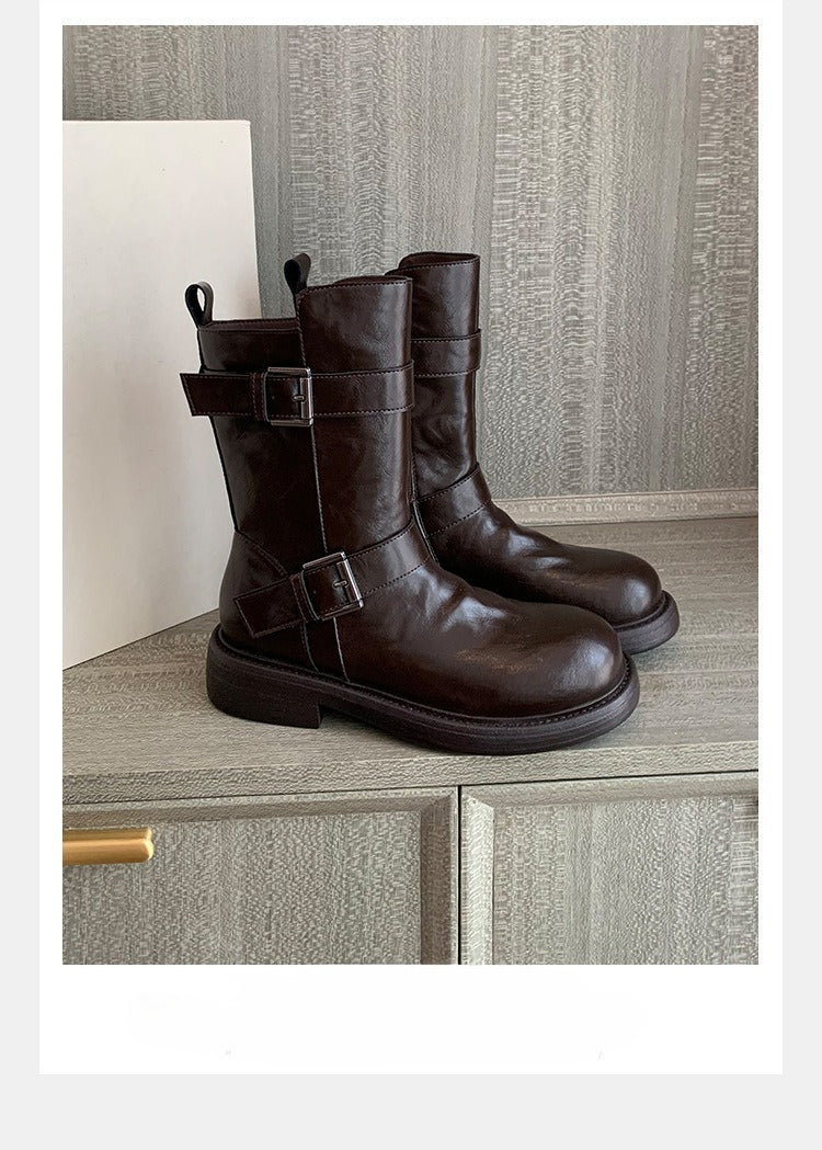 Double buckle thick-soled soft leather short boots