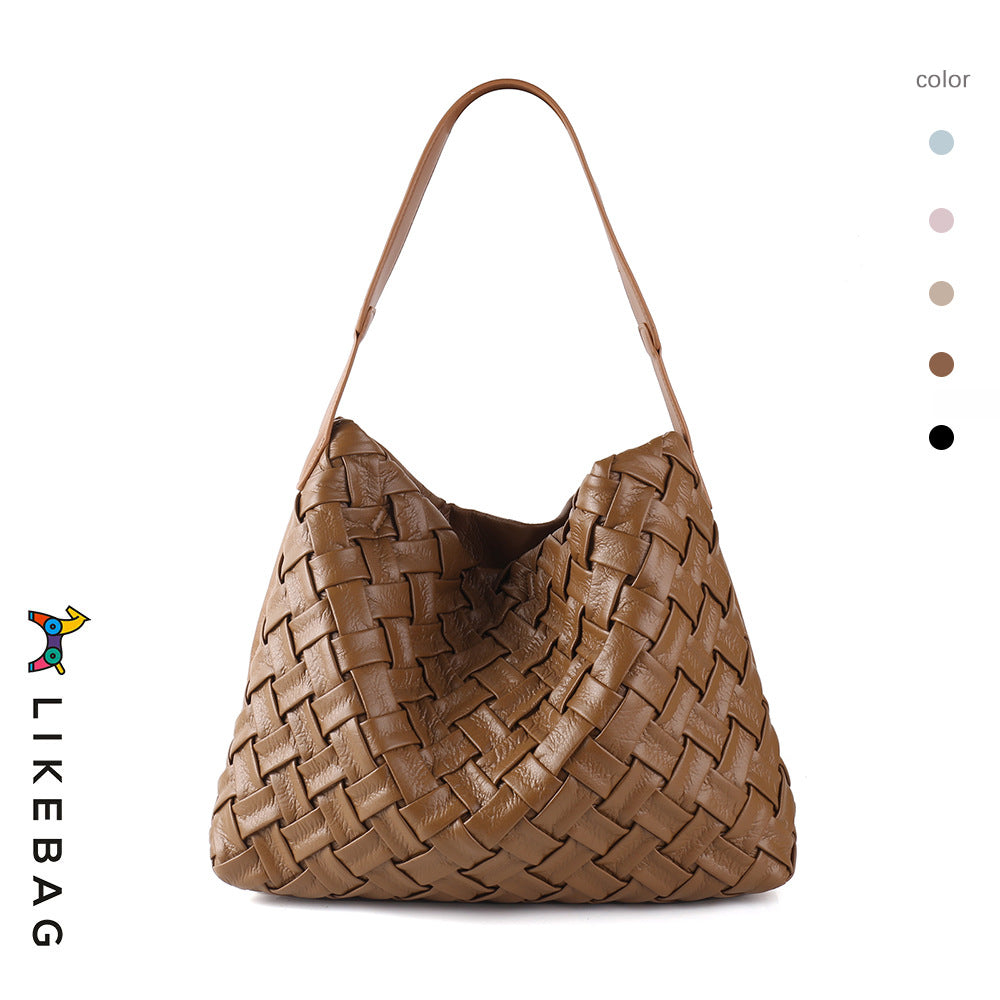 Portable soft leather shoulder tote bag