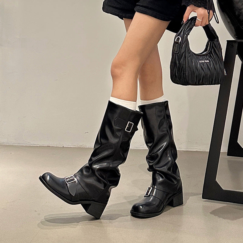 Long tube round head western knight boots