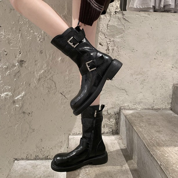 Double buckle thick-soled soft leather short boots