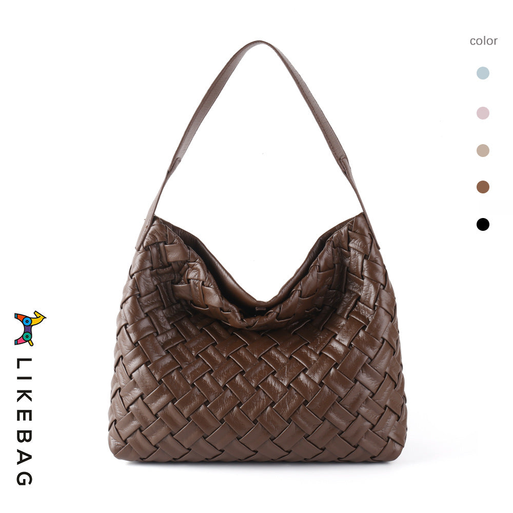 Portable soft leather shoulder tote bag