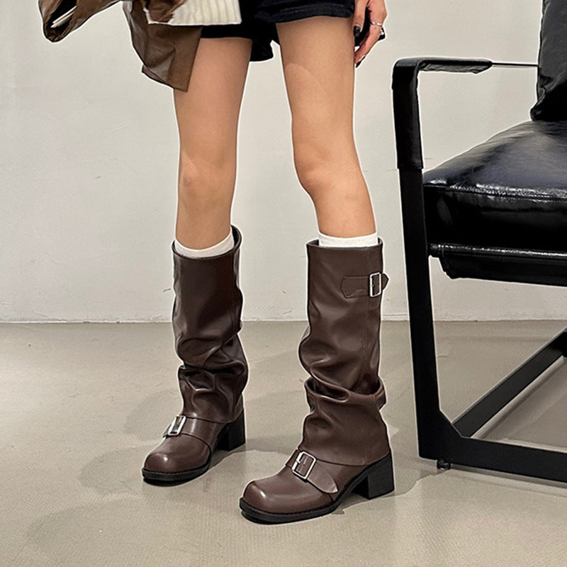 Long tube round head western knight boots