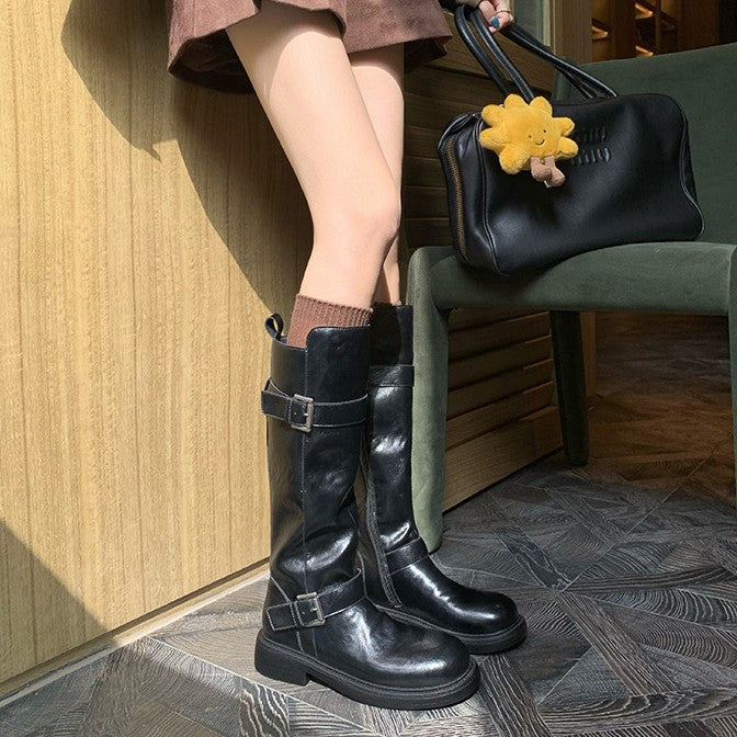 Double buckle thick-soled soft leather short boots