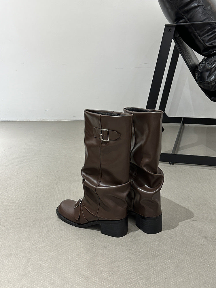 Long tube round head western knight boots