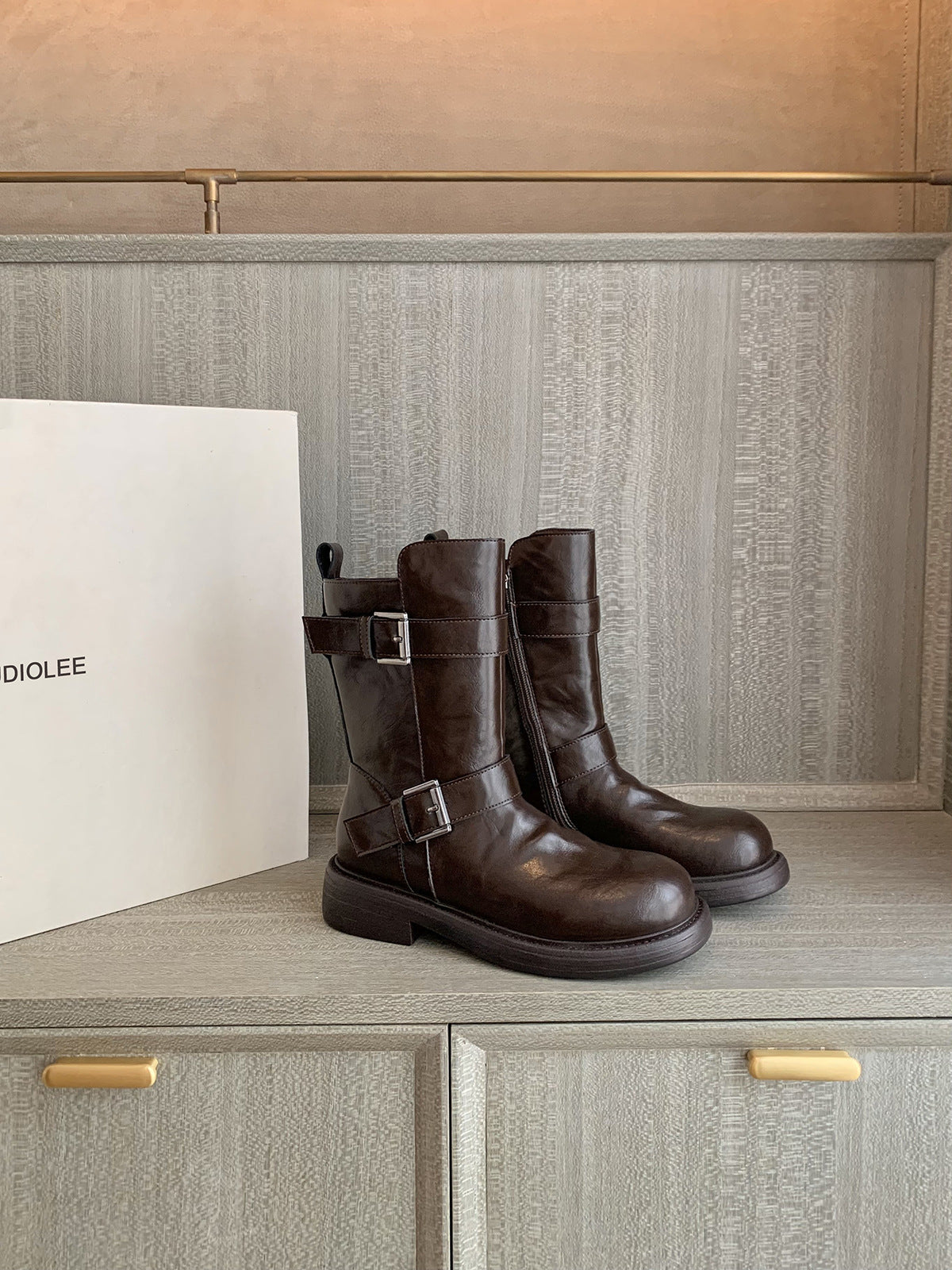 Double buckle thick-soled soft leather short boots