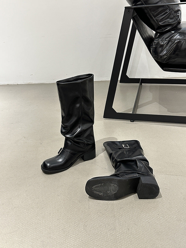 Long tube round head western knight boots