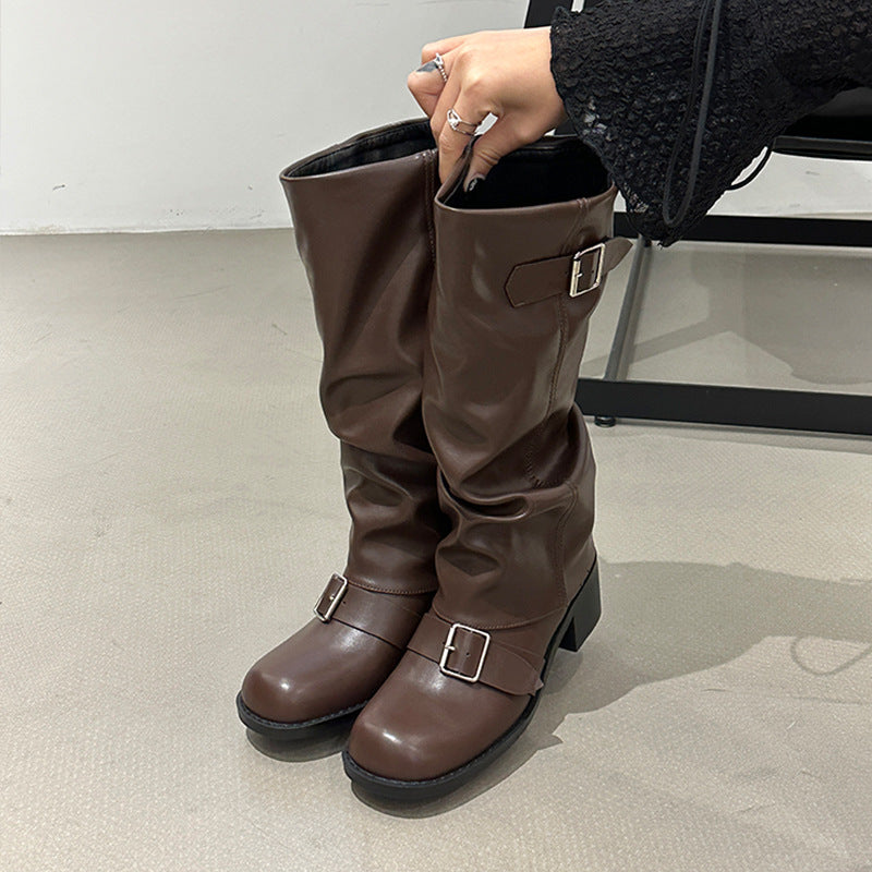 Long tube round head western knight boots