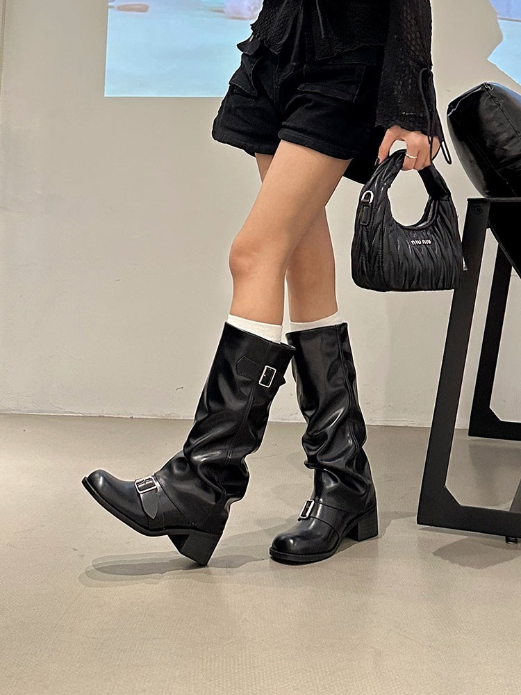 Long tube round head western knight boots