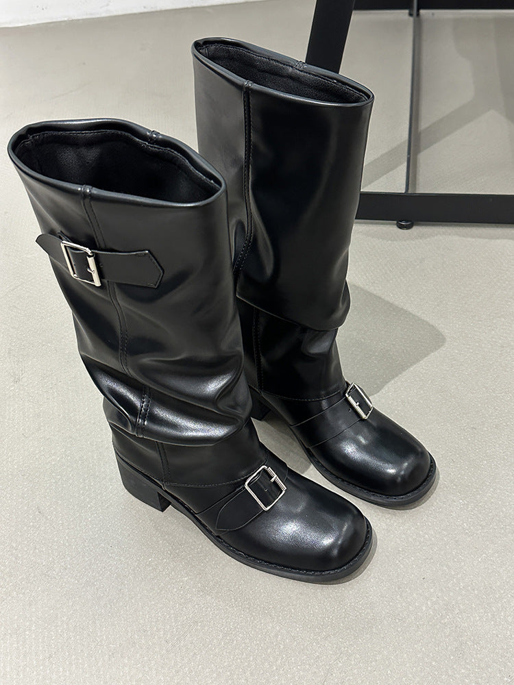 Long tube round head western knight boots