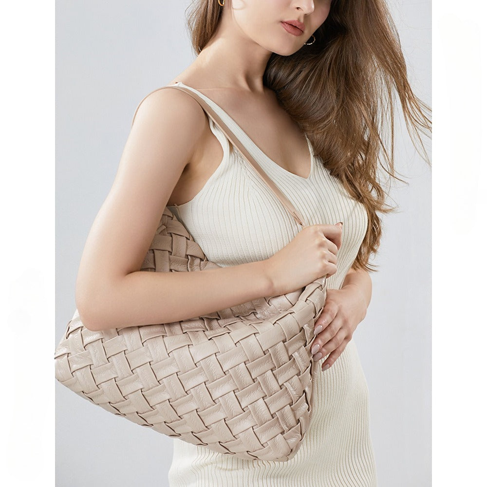 Portable soft leather shoulder tote bag