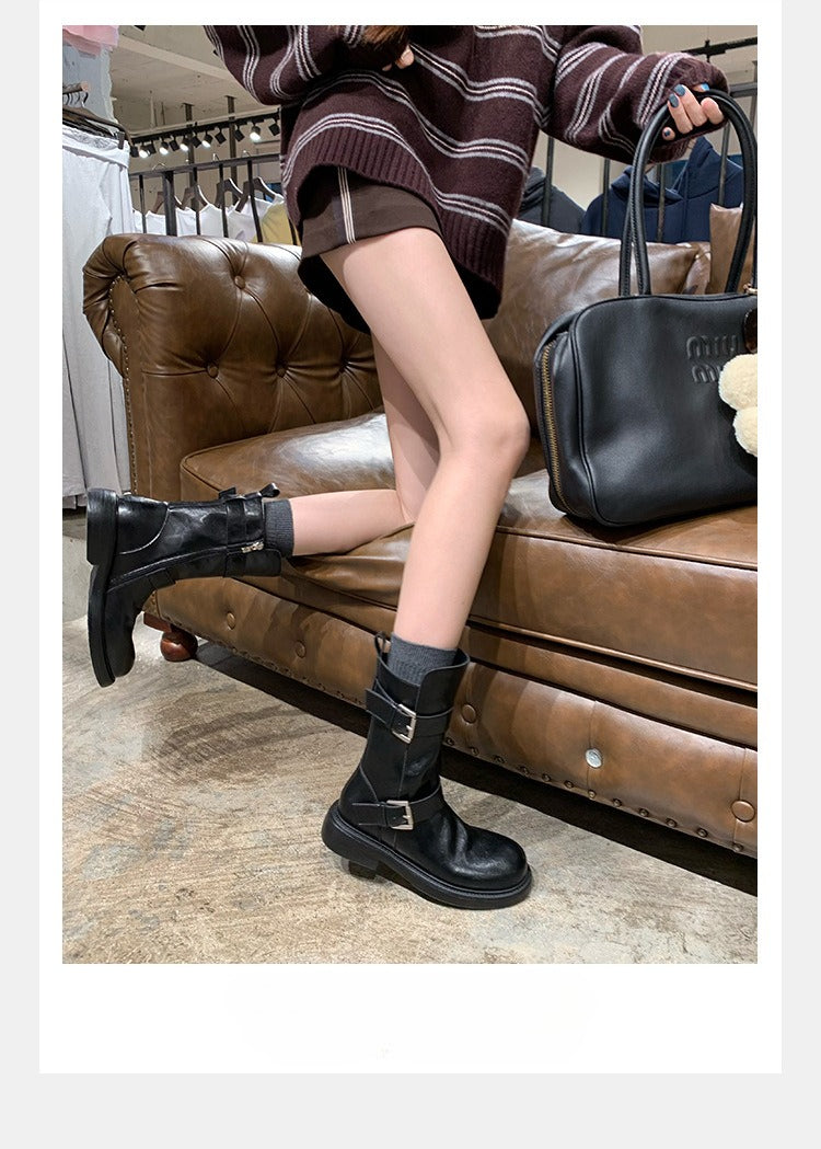 Double buckle thick-soled soft leather short boots