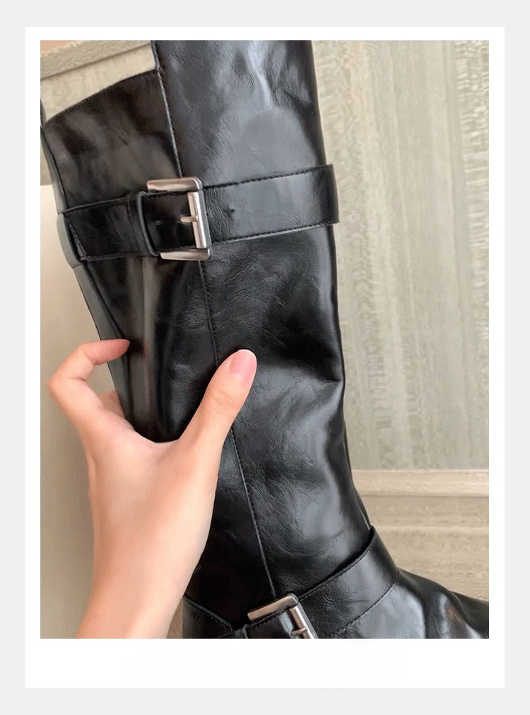Double buckle thick-soled soft leather short boots