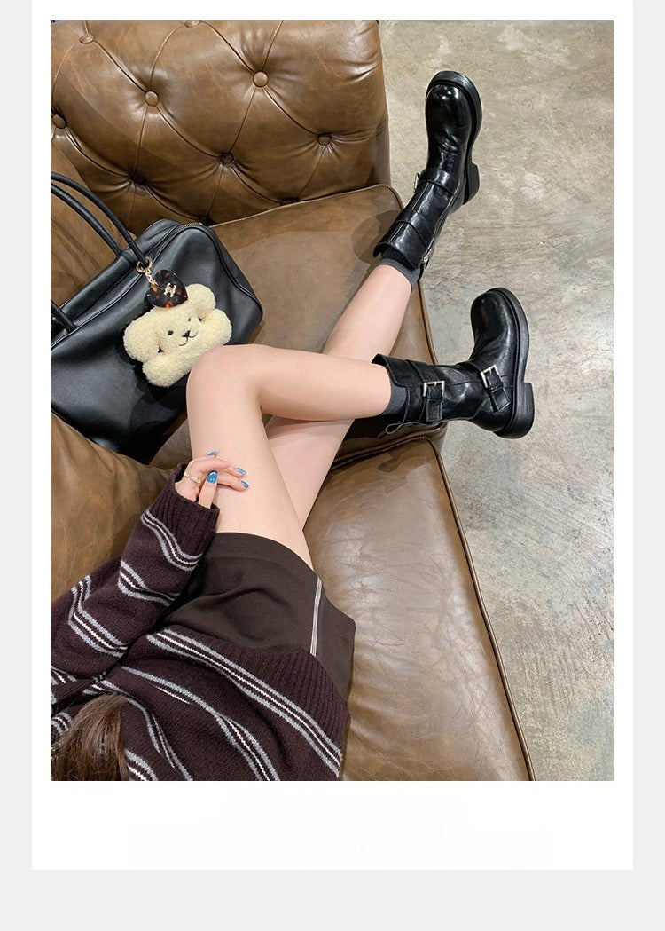 Double buckle thick-soled soft leather short boots