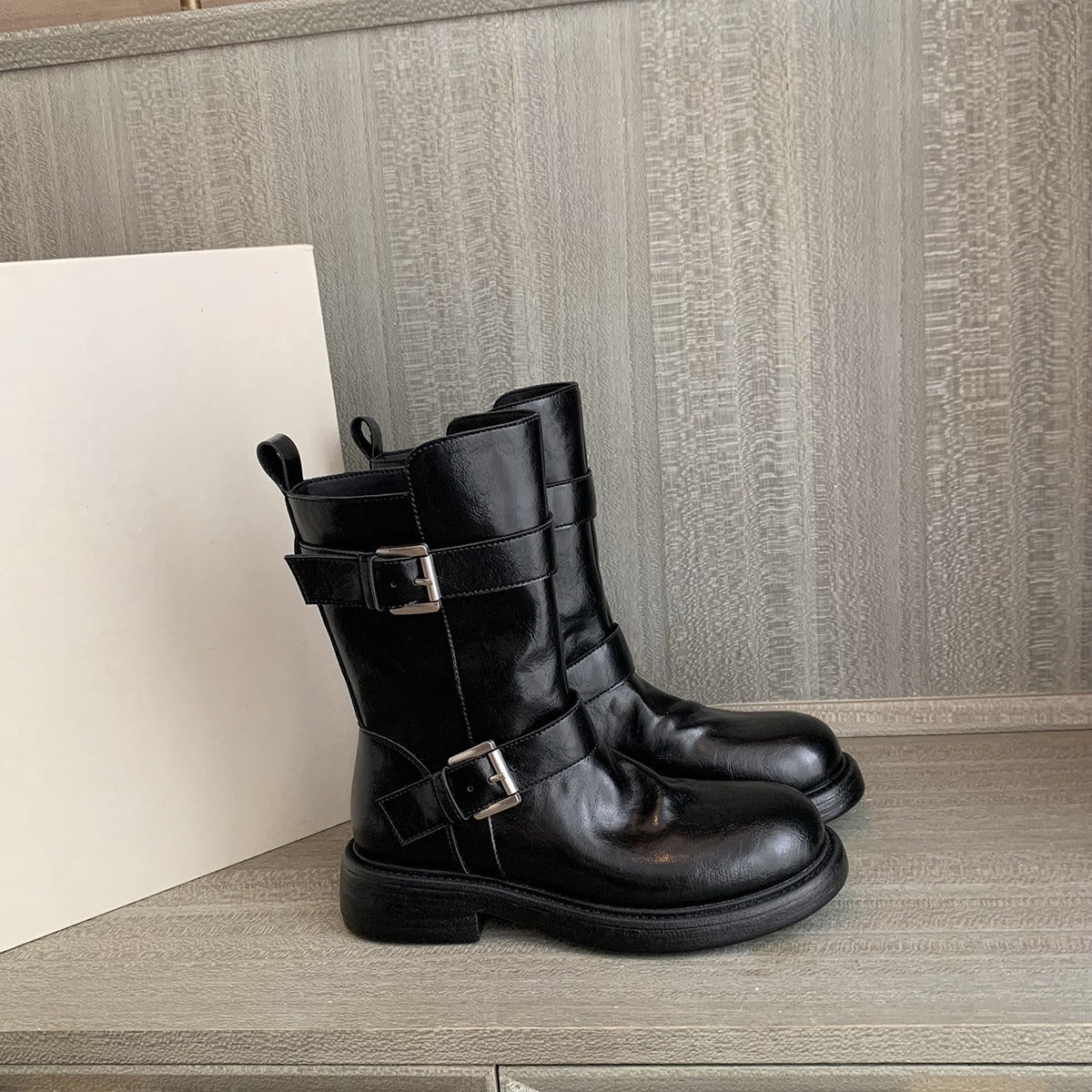 Double buckle thick-soled soft leather short boots