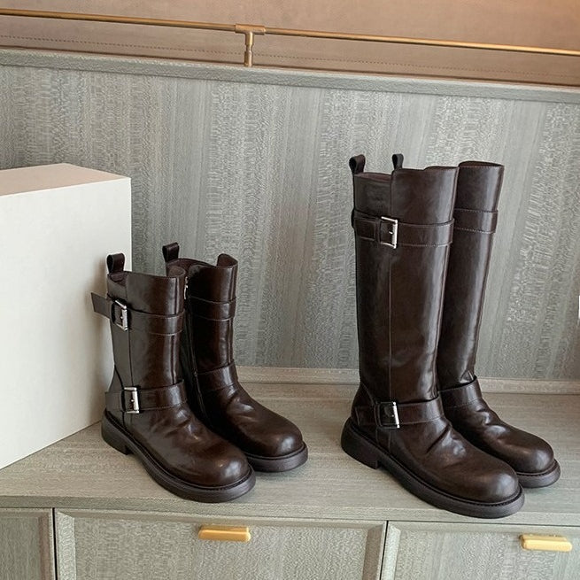 Double buckle thick-soled soft leather short boots