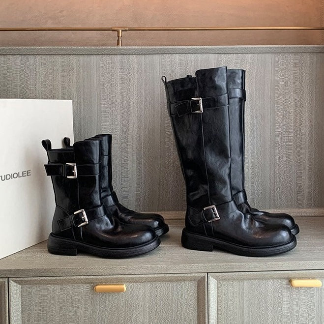 Double buckle thick-soled soft leather short boots